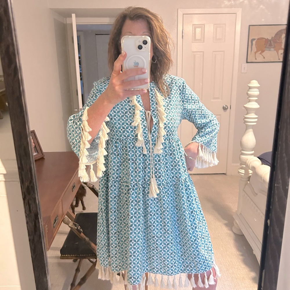 Dress for play or swim cover-up!  Beautiful dark teal and tassels